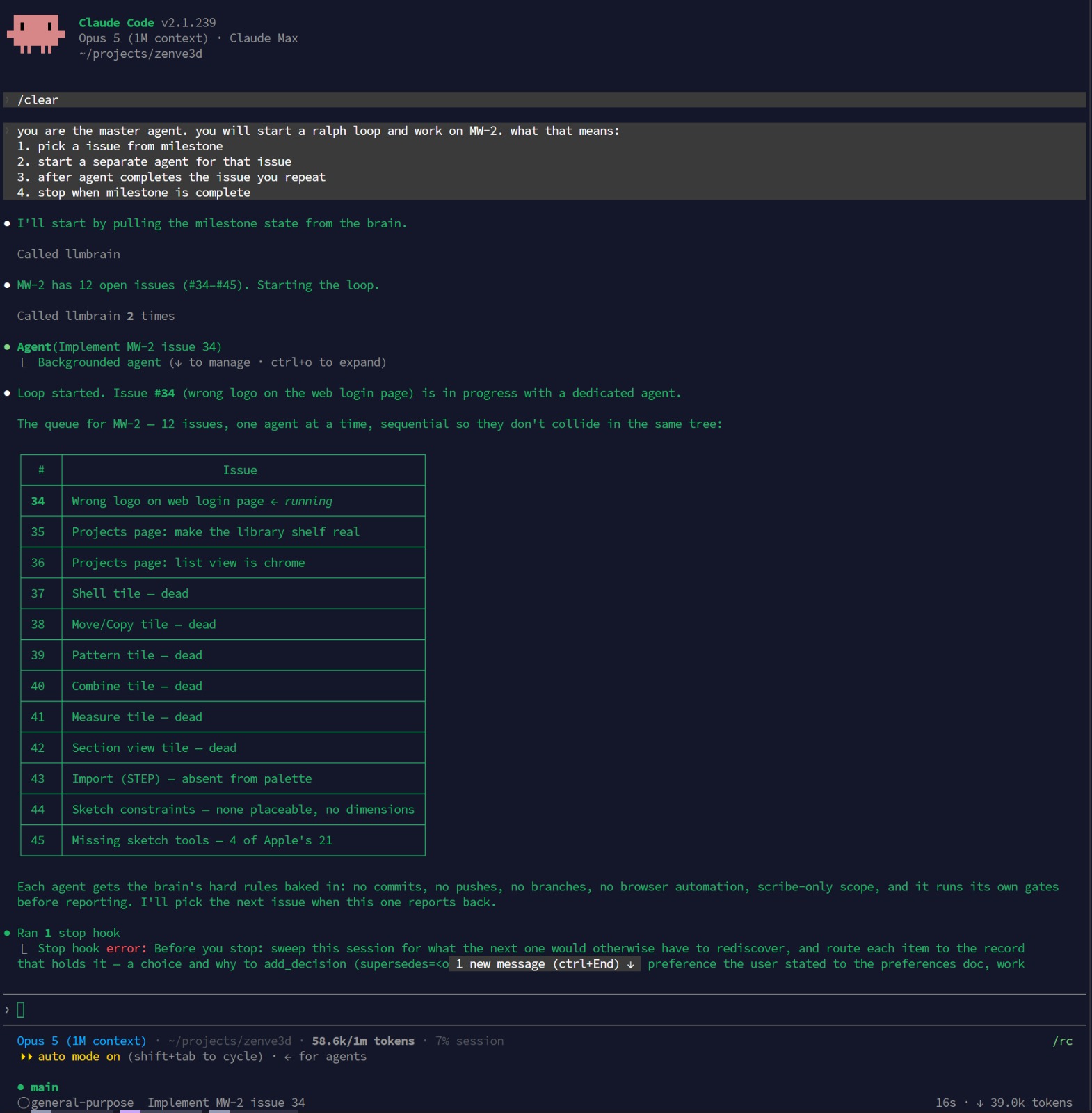 Claude Code terminal running a Ralph loop: the master agent lists a 12-issue milestone queue and spawns a dedicated worker agent for the first issue